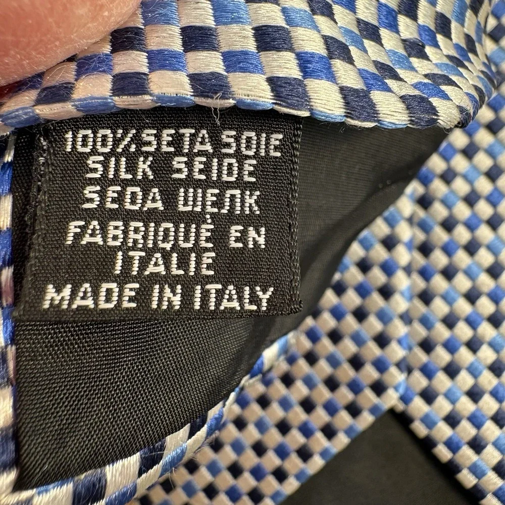 BOSS Hugo Boss Mens Blue Black White Gray Geometric Woven Silk Tie Made in Italy